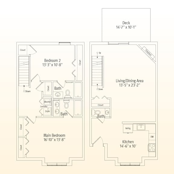 A floor plan of a house with a deck, two bedrooms, a living/dining area, a kitchen, and a main bathroom.