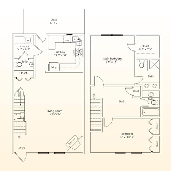 A floor plan of a small apartment with a living room, kitchen, bathroom, and two bedrooms.
