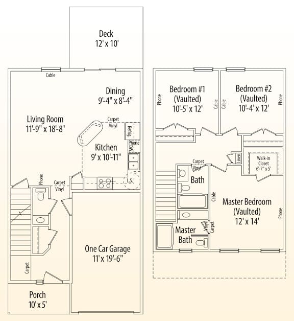 A floor plan of a house with a living room, kitchen, two bedrooms, a bathroom, a porch, and a garage.