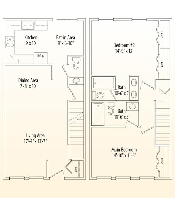 A floor plan of a small apartment with a living area, dining area, kitchen, and two bedrooms.