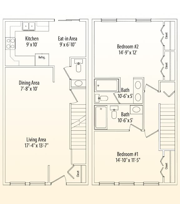 A floor plan of a small apartment with a living area, dining area, kitchen, and two bedrooms.