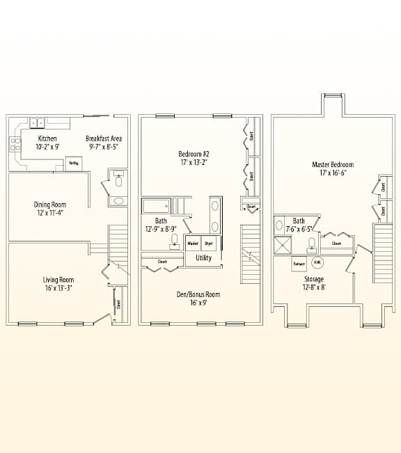 A floor plan of a house with a kitchen, breakfast area, dining room, living room, den/bonus room, two bedrooms, bathroom, and storage.