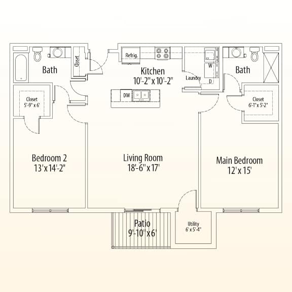A floor plan of a home with three bedrooms, a living room, a kitchen, two bathrooms, a pantry, and a utility space.