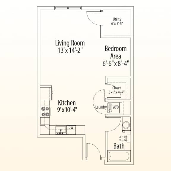A floor plan of a small apartment with a living room, kitchen, bedroom area, and bathroom.