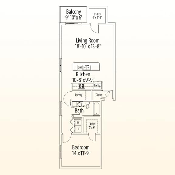 A floor plan of a home showing a living room, kitchen, pantry, bathroom and bedroom.
