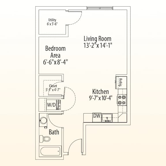 A floor plan of a small apartment with a living room, bedroom, kitchen, and bathroom.