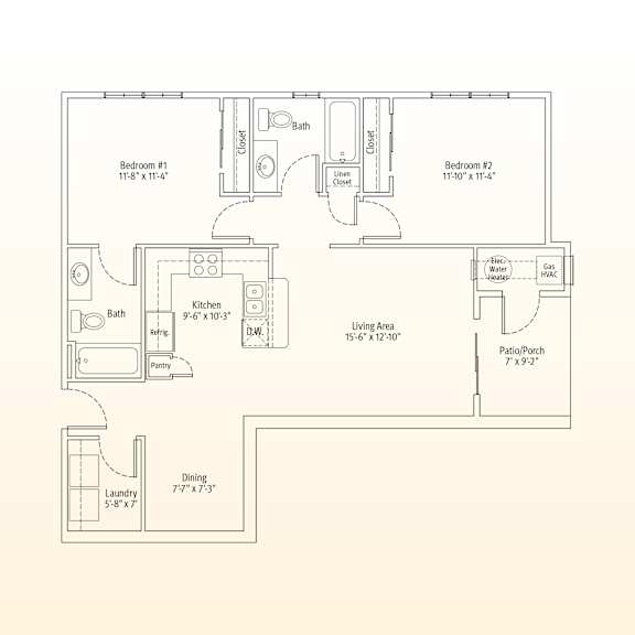 A floor plan of a house with two bedrooms, a living area, a kitchen, a dining area, a laundry room, and a patio/porch.