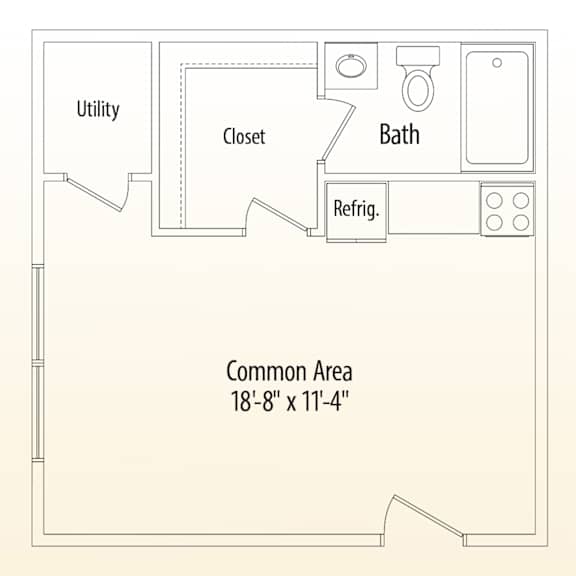 Floor Plan  A floor plan of a small apartment with a utility, closet, bath, and refrigerator.