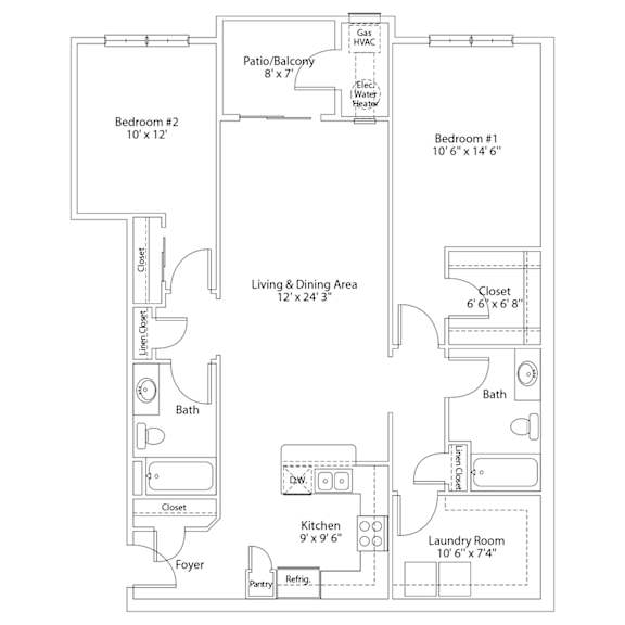 A floor plan of a house with two bedrooms, a living and dining area, a kitchen, a laundry room, a bath, a foyer, a pantry, and a patio/balcony.