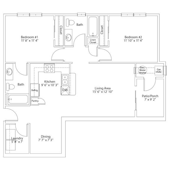 A floor plan of a house with two bedrooms, a living area, a kitchen, a dining area, a laundry room, a pantry, a bathroom, a closet, and a patio/porch.
