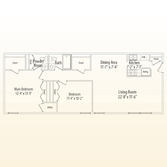 A floor plan of a small apartment with a living room, dining area, kitchen, bathroom, powder room, and two bedrooms.