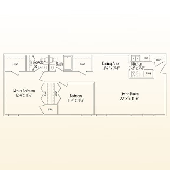 A floor plan of a home with a master bedroom, living room, dining area, kitchen, powder room, and bath.
