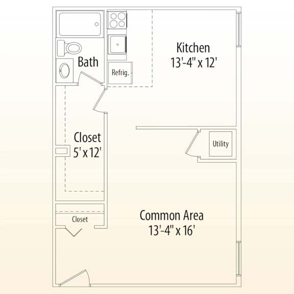 A floor plan of a kitchen with a bath and closets.