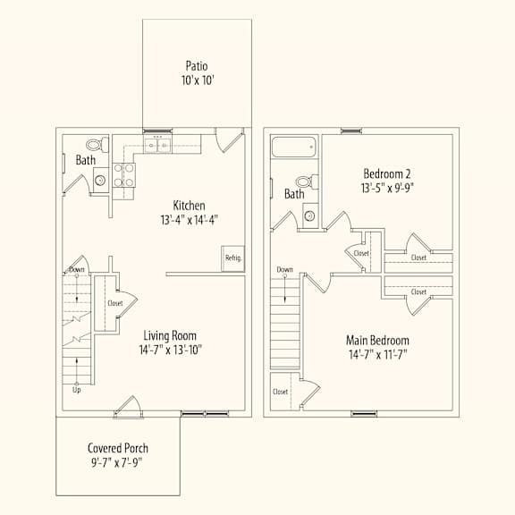A floor plan of a house with a patio, kitchen, living room, and two bedrooms.