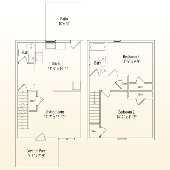 A floor plan of a house with a patio, two bedrooms, a living room, a kitchen, and a covered porch.