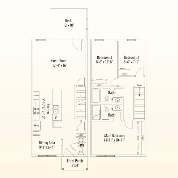 A drawing of a house layout with labeled rooms and dimensions.