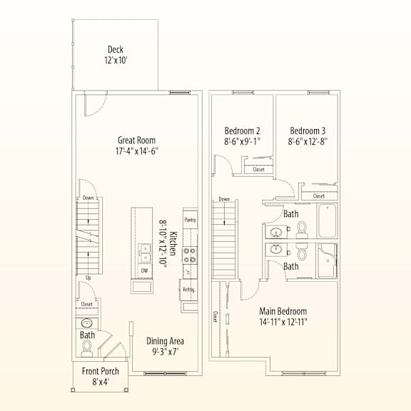 A floor plan of a house with a deck, two bedrooms, a great room, a dining area, a front porch, and a bathroom.