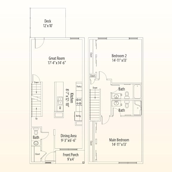 A floor plan of a house with a deck, two bedrooms, a great room, a dining area, a kitchen, and a front porch.