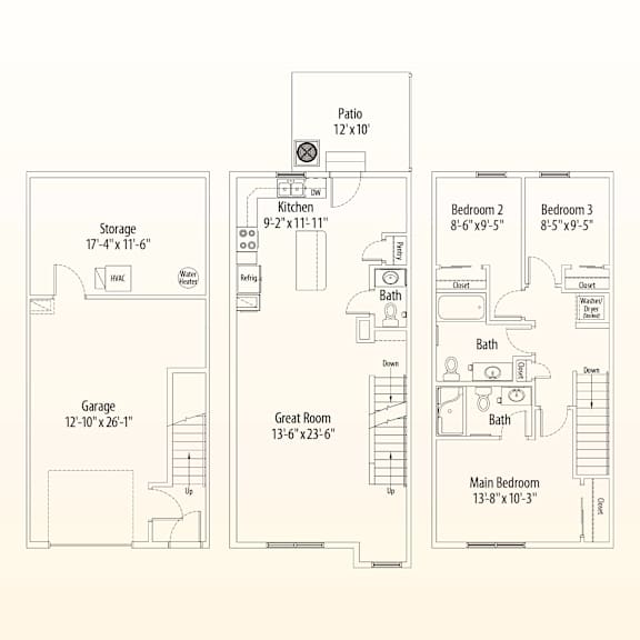 A floor plan of a house with a garage, two bedrooms, a kitchen, a bathroom, and a patio.
