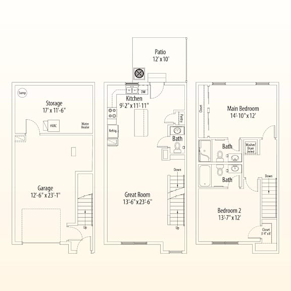A floor plan of a house with a garage, kitchen, and two bathrooms.
