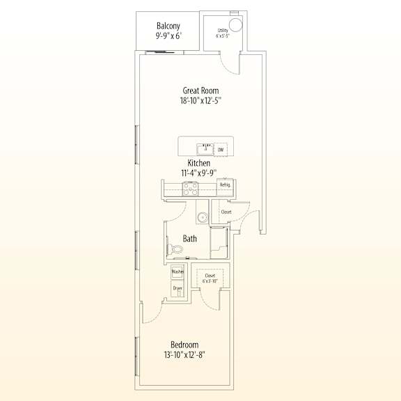 A floor plan of a home with a balcony, great room, kitchen, bath, and bedroom.