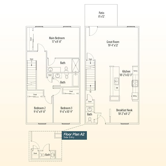 A floor plan of a two-bedroom apartment with a kitchen, bathroom, and breakfast nook.