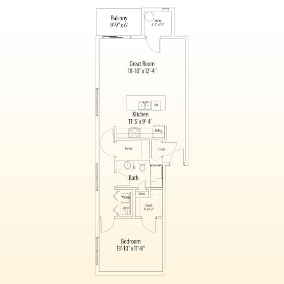 A floor plan of a house showing the layout of the kitchen, bathroom, and bedroom.