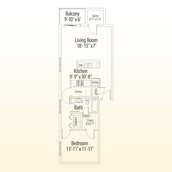 A floor plan of a small apartment with a living room, kitchen, bath, and bedroom.