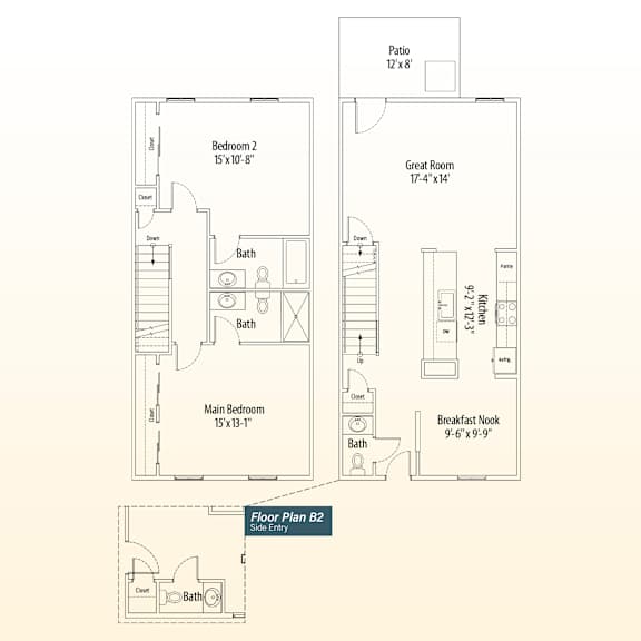 A floor plan of a house with a patio, two bedrooms, a great room, a breakfast nook, and a bathroom.