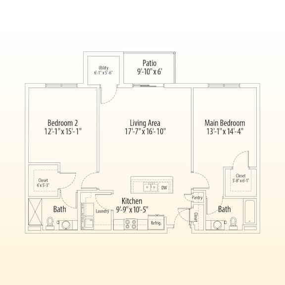 A floor plan of a house with a living area, two bedrooms, a kitchen, a bathroom, a laundry area, and a patio.