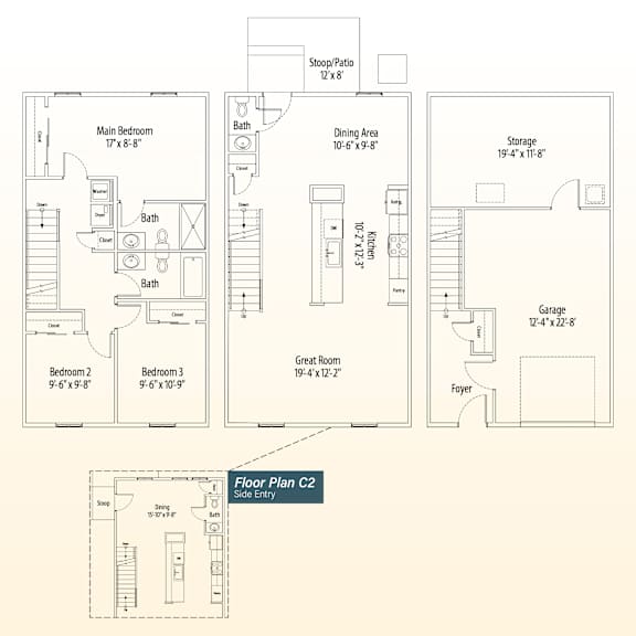 A set of four floor plans for a house with a stoop/patio, main bedroom, dining area, storage, garage, and two additional bedrooms.
