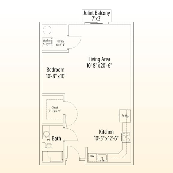 A floor plan of a Juliet balcony apartment with a living area, bedroom, bathroom, kitchen and closet.