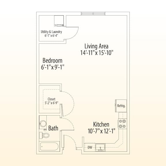 A floor plan of a small apartment with a bedroom, bathroom, kitchen, and living area.