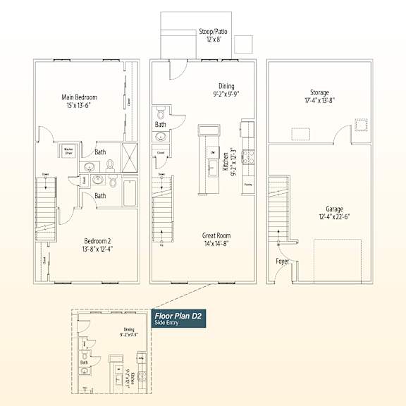 A set of house plans showing a main bedroom, a bathroom, a dining area, a storage space, a second bedroom, a garage, and a foyer.