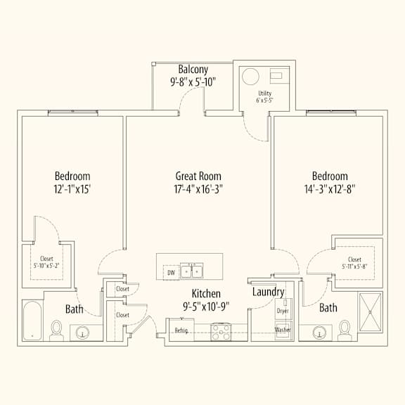 A floor plan of a home with three bedrooms, a great room, a laundry room, and a kitchen.