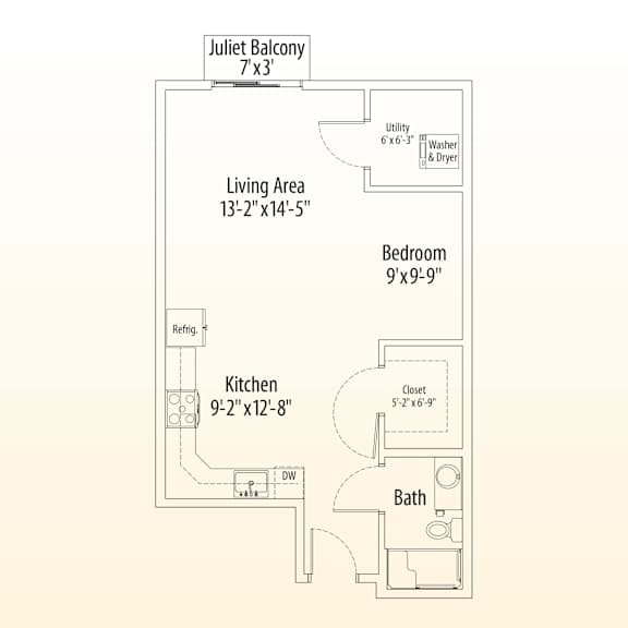 A floor plan of a Juliet Balcony apartment with a living area, kitchen, bath, and bedroom.