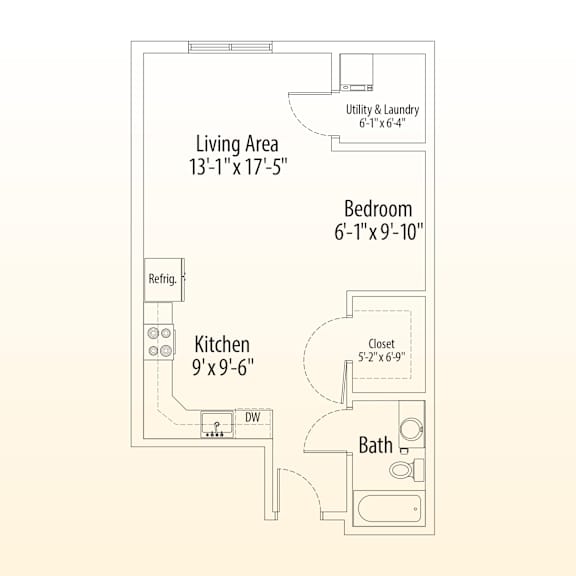 A floor plan of a small apartment with a living area, bedroom, kitchen, and bathroom.