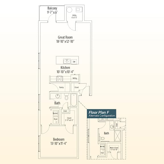 A floor plan of a home with a balcony, great room, kitchen, bath, and bedroom.