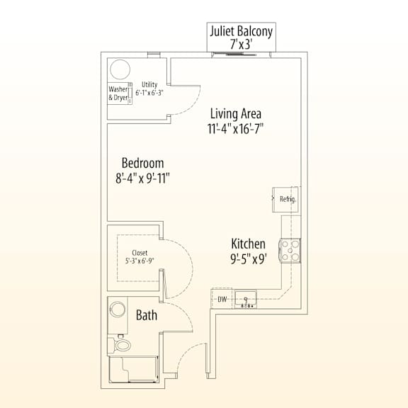 A floor plan of a Juliet balcony apartment with a living area, bedroom, kitchen and bath.