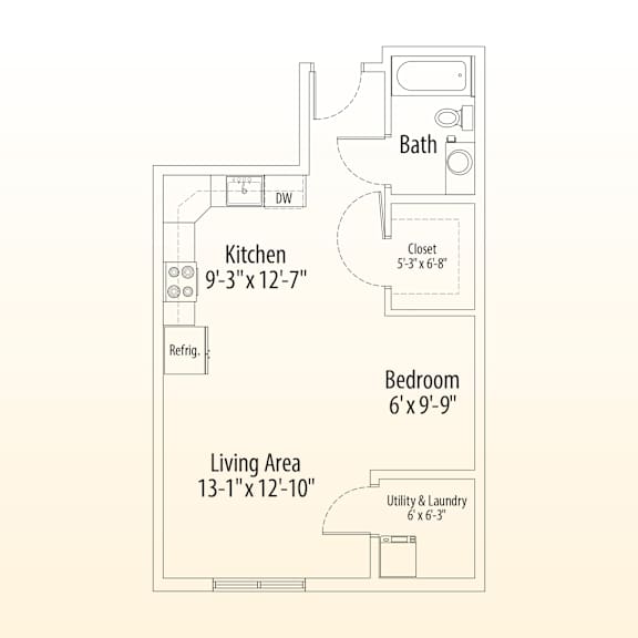 A floor plan of a small apartment with a kitchen, bath, bedroom, and living area.