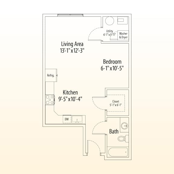 A floor plan of a small apartment with a living area, bedroom, kitchen, and bathroom.