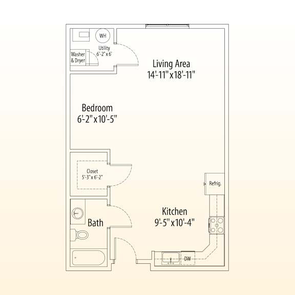 A floor plan of a small apartment with a living area, bedroom, kitchen, and bathroom.