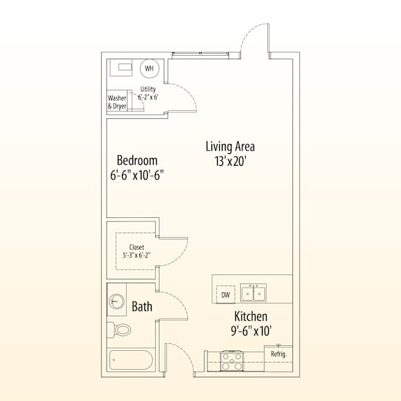 A floor plan of a small apartment with a bedroom, bathroom, kitchen, and living area.