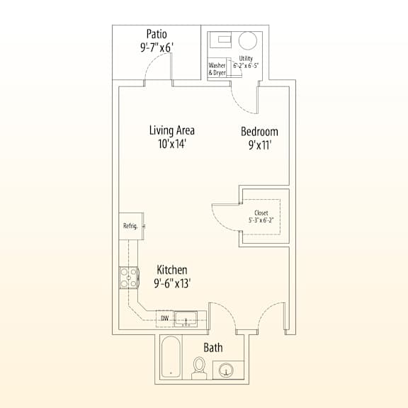 A floor plan of a small apartment with a kitchen, living area, and bathroom.