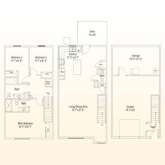 A floor plan of a house with a deck, two bedrooms, a living/dining area, a kitchen, a bathroom, a storage area, and a garage.