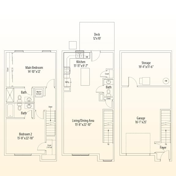 A floor plan of a house showing the layout of the main bedroom, kitchen, living/dining area, garage, and storage.