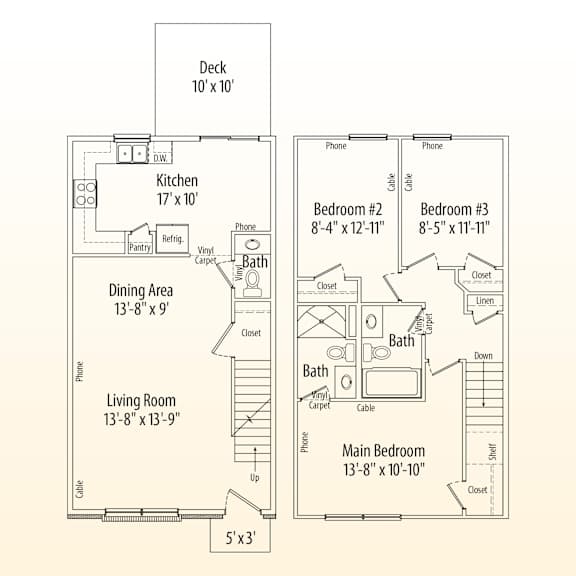 A floor plan of a house with a deck, kitchen, dining area, living room, and three bedrooms.