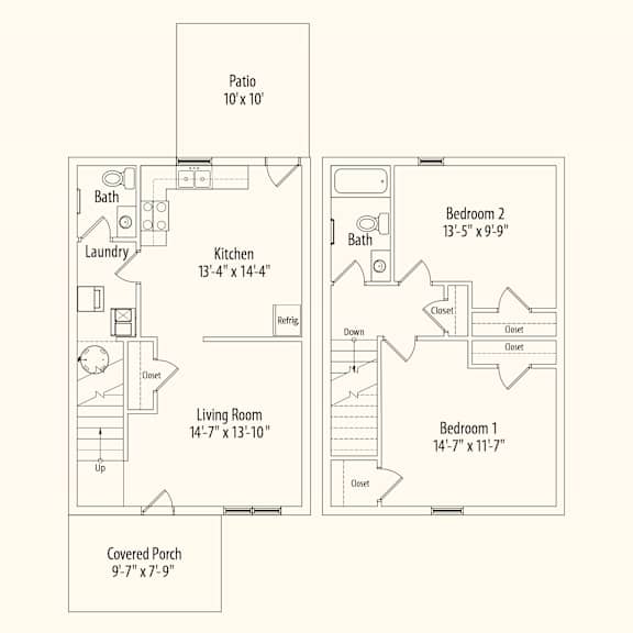 A floor plan of a house with a living room, kitchen, two bedrooms, and a patio.