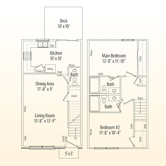 A floor plan of a house with a deck, kitchen, dining area, living room, and two bedrooms.