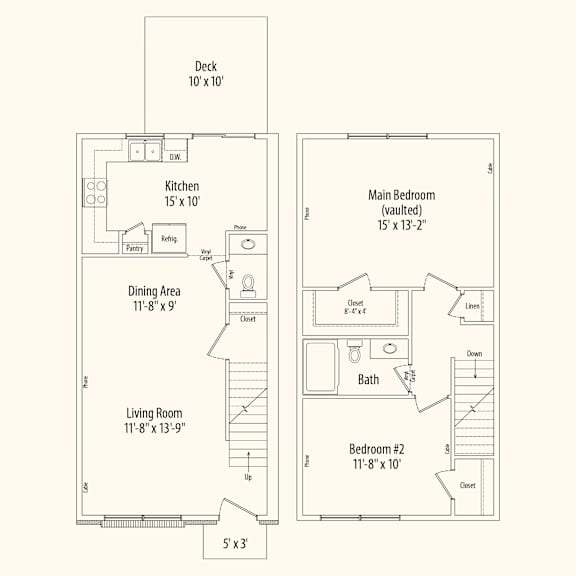 A floor plan of a house with a deck, kitchen, dining area, living room, and two bedrooms.